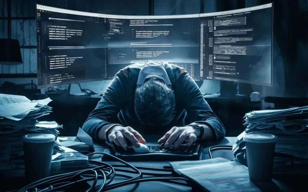 Stressed IT expert in front of several monitors with code and data.