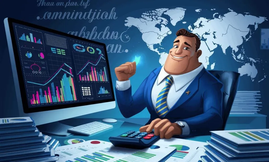 Kosten von CAFM Software: Alles was Sie wissen müssen 1 Male business figure in front of computers with financial and data analysis, world map in the background.