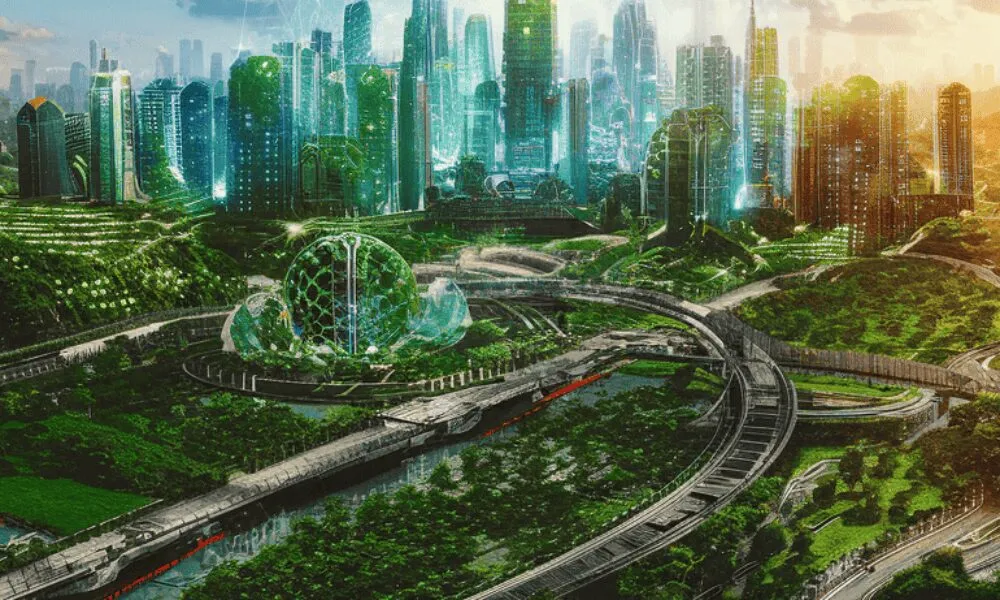 Effiziente Verwaltung mit CAFM Software 1 Futuristic city with sustainable, green buildings and skyscrapers.