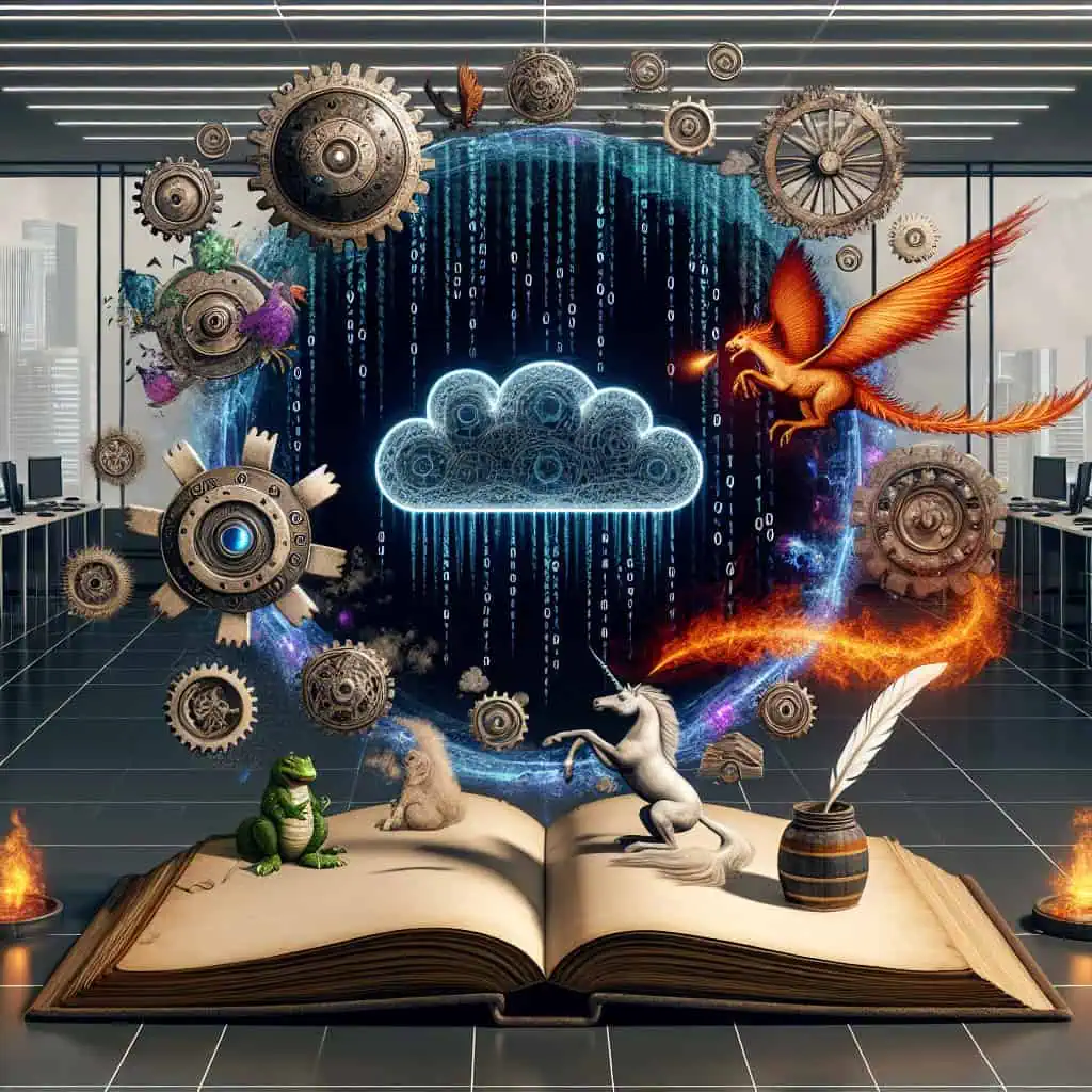 Myths about facility management software that you should no longer believe 2 Detailed image of a digital cloud archive with fantasy elements and mechanical gears.