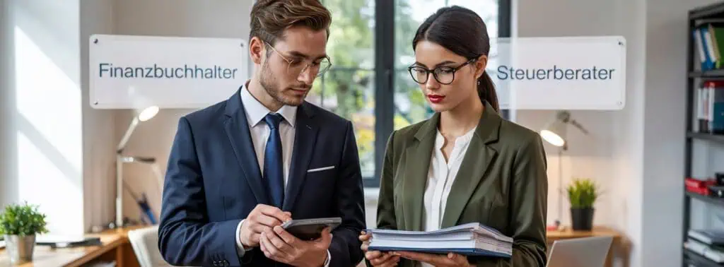 Financial accountant vs. tax consultant: who needs what? 3 Alt text: Two professionals discussing in a modern office, focusing on data on a tablet.
