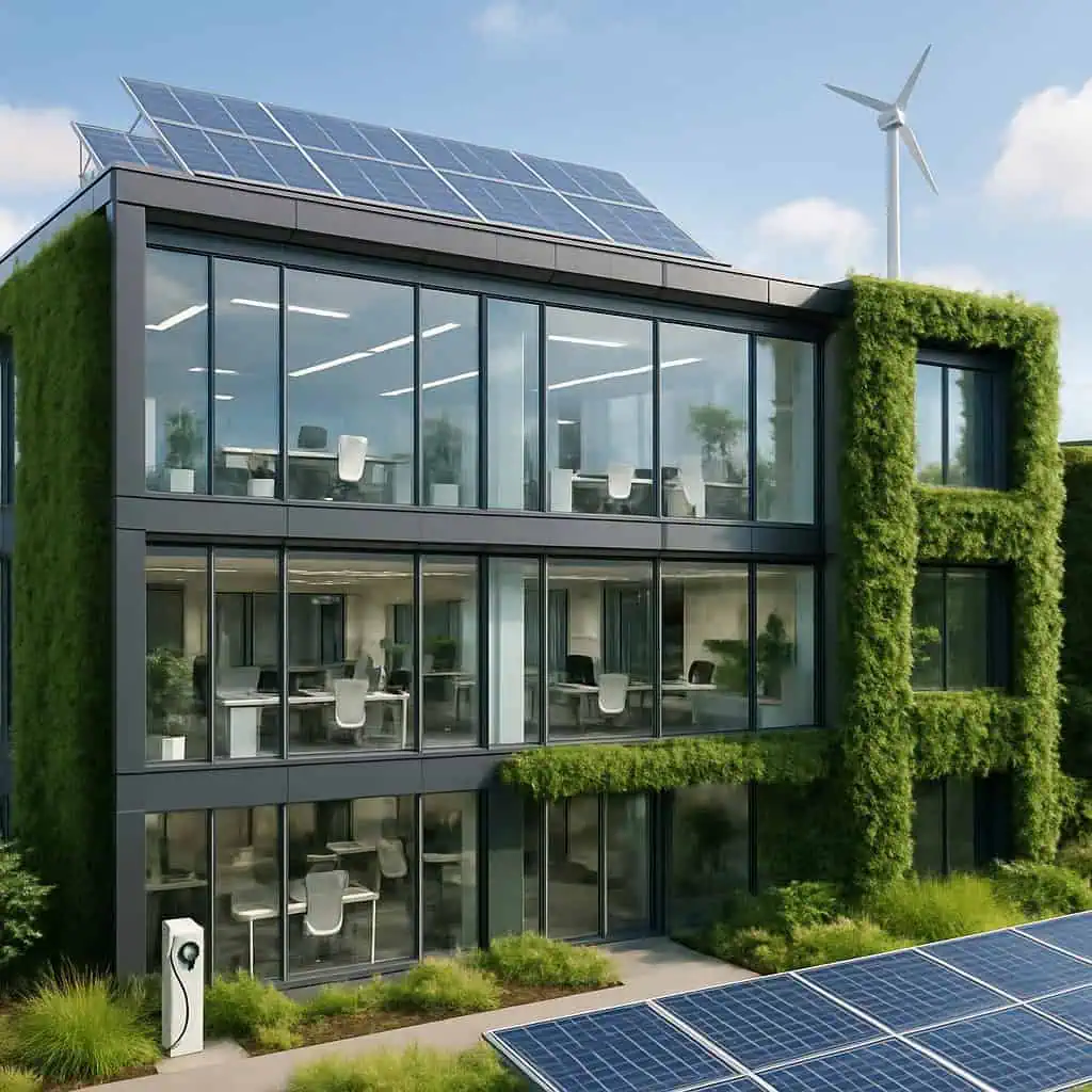 GEFMA-Richtlinien: Grundlagen für professionelles Facility Management 9 Moderne nachhaltige Bürogebäudefassade mit Solarzellen und Begrünung.