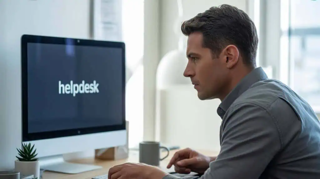 IT-Ticketing Systeme: Effizientes Problemmanagement 16 Mann beim Support am Computer im Helpdesk.