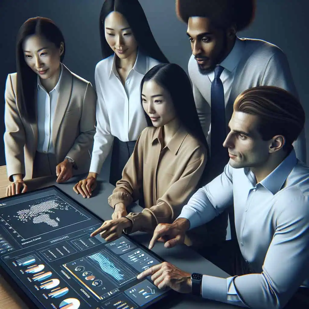 CMMS-Systeme: Der Schlüssel zur präventiven Instandhaltung 14 Mehrere Fachleute arbeiten an modernem Digital-Interface.