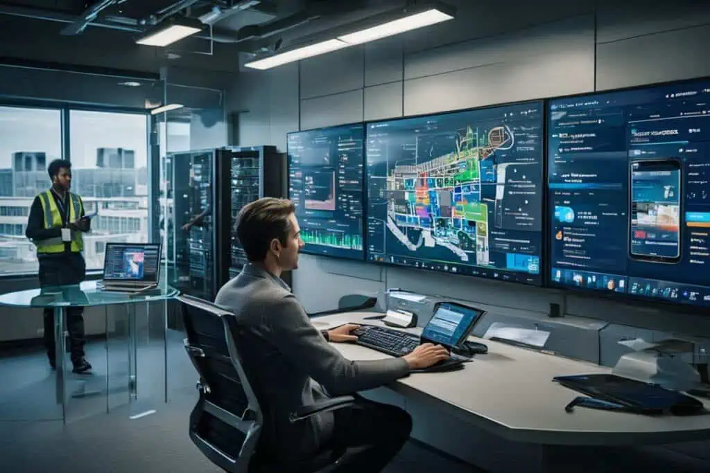 The revolution in facility management through CAFM technology 1 Modern control room with multiple monitors for CAFM and IT management.