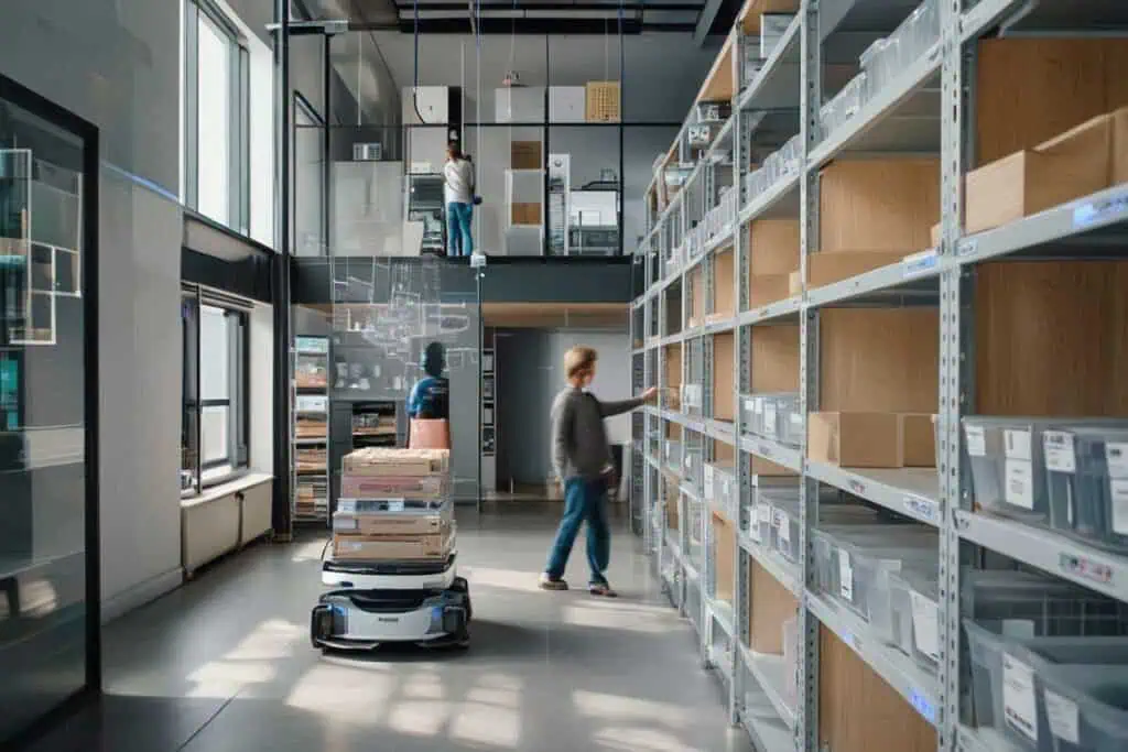 Wie effizientes Inventarmanagement die Lagerkosten senken kann 15 Roboter scannt und bewegt Pakete in einem modernen Lagerraum.