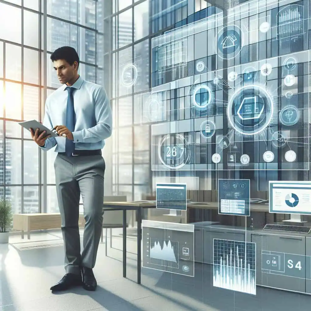 Die besten Tools für moderne Facility Manager im Überblick 2 Geschäftsmann nutzt Tablet vor digitaler Gebäudemanagement-Visualisierung.