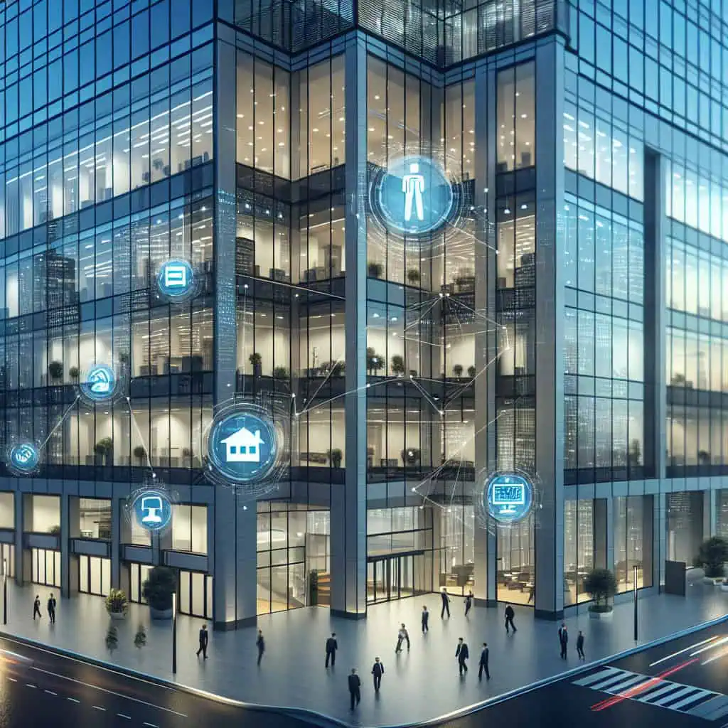 Vernetztes Gebäude mit IoT-Technologie für optimiertes Facility Management und Energieeffizienz.